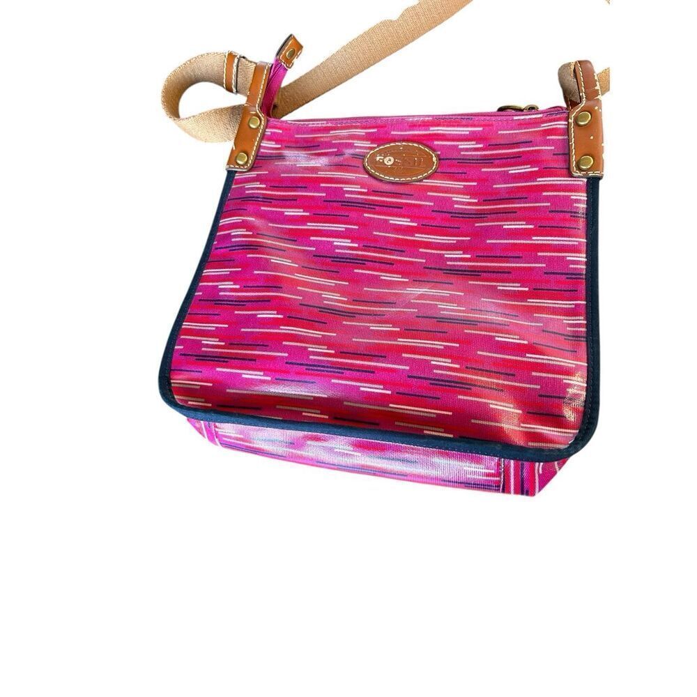 Fossil Keyper Crossbody Bag Fuchsia and Berry Striped Pattern Canvas